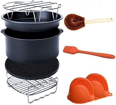 Air Fryer Accessories Fits All 3.7QT - 5.3QT - 5.8QT - Non-stick Barrel / Pan + Stainless Steel Holder / Double-layer Rack with Skewers+ Silicone Mat + Palm Leaf Pot Brush