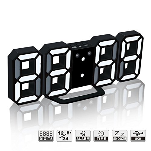 LED Digital Alarm Clock For Desk / Shelf / Tabletop, Modern Home Decoration 3D Wall Clock, Easy To Read at Night, Loud Alarm and Snooze, Big Digit Display (Black Frame, White Light) - Thumbnail 7