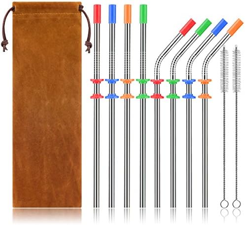 Stainless Steel Straws Set, Kereda 8 Pack 10.5 inch Long Drinking Metal Reusable Straws with Cleaning Brushes and Silicone Covers for Tumblers Cups Cold Beverage (4 Straight|4 Bent), Silver