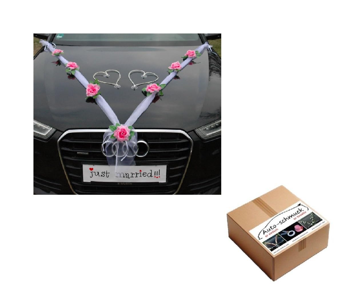 ORGANZA M + HERZEN Braut Paar Rose Deko Dekoration Autoschmuck Hochzeit Car Auto Wedding Deko Ratan Girlande ®Auto-schmuck PKW (Rosa/Weiß/Weiß)