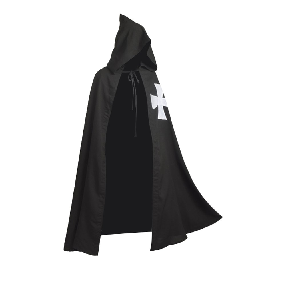 BLESSUME Meidieval Knights Cloak Black LARP Cape with White Cross