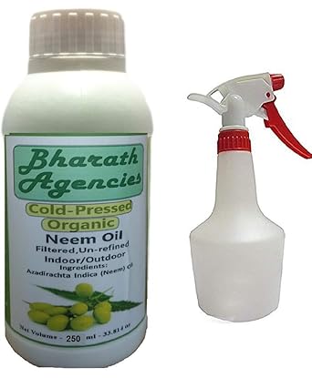 Bharath Agencies Organic Cold Pressed Pure Neem Oil Concentrate - Bharath Agencies - 250 ml - with Spray Bottle of 1000 ml