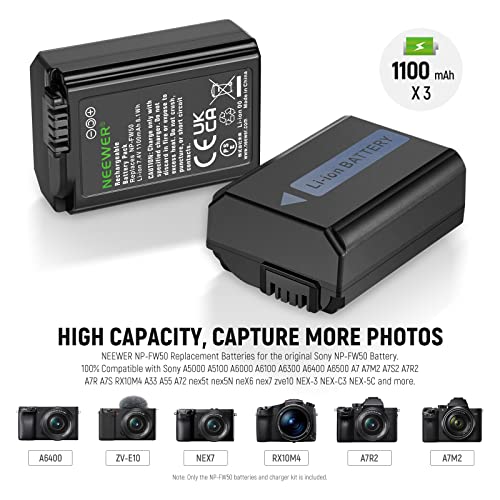 NEEWER NP-FW50 3 Pack Replacement Battery and Charger 1100mAh NP-FW50 and Triple Slot USB Charger Compatible with Sony ZV-E10 A7 A7R A7RII A7II A7SII A7S A7RII A6300 A6400 A6500 RX10