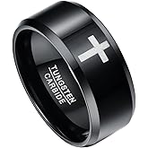 TUNGSTORY Promise Ring for Men Engraved Cross Pattern Black Tungsten Carbide Band Beveled Edge Comfort Fit Size 11.5