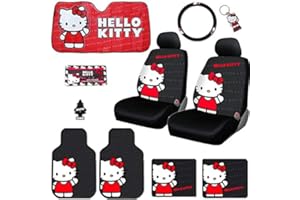 YUPBIZAUTO New 10PC Plasticolor Hello Kitty Car Truck SUV Interior Combo Kit - Seat Covers, Floor Mats, Steering Wheel Cover, License Plate Frame, Air Freshener, Gift Bundle for Women, Girls, Cute Style