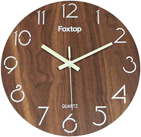 Foxtop Silent Non-Ticking Wooden Wall Clock with Night Light Function, 12 inch Luminous Clock for Bedroom Living Room