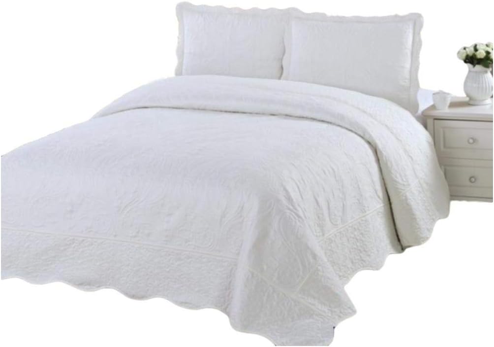 Quilt Queen Size 3 pc Embroidered Bed Set / Bedspread / 2 Pillow Sham (Ivory)