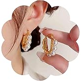 Iaceble Vintage Pearl Hoop Huggie Earrings Gold Pearl Dangle Hoop Earrings Bohemia Pearl Earrings Pearl Bead Earrings Jewelry for Women
