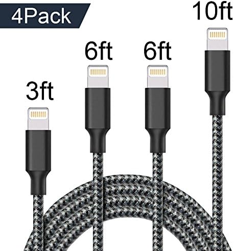 Iseason wwwy02 Lightning Cable, Charger Extra Long Nylon Braided Usb Charging for iPhone 7/7 Plus/6/6 Plus etc. - Black and White - 4 Piece