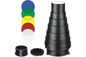 SUPON Aluminium Alloy Conical Studio Snoot Kit with Honeycomb Grid and 5pcs Color Filters for Bowens Mount Strobe Moonlights Flash Speedlight Photography Light