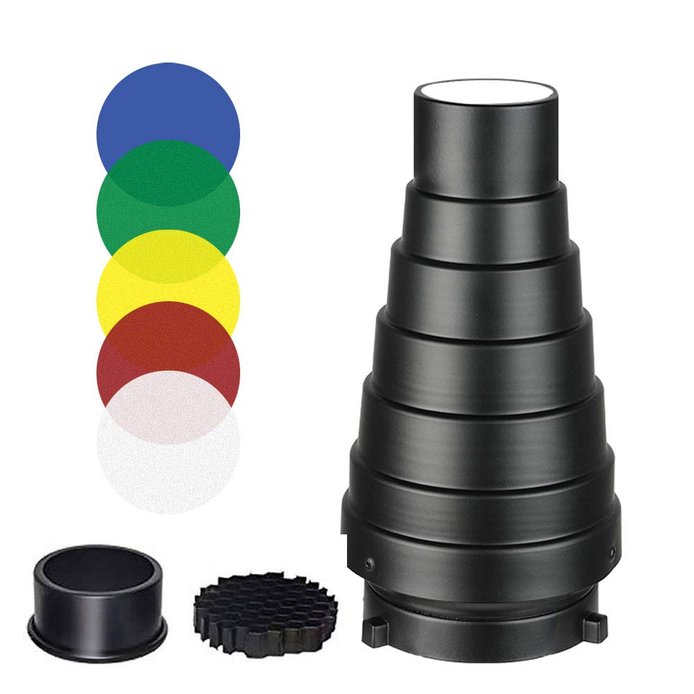 Aluminium Alloy Conical Studio Snoot Kit with Honeycomb Grid and 5pcs Color Filters for Bowens Mount Strobe Moonlights Flash Speedlight Photography Light