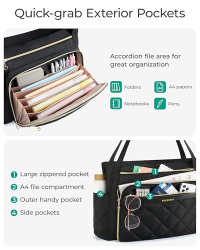 bagsmart Laptop Tote Bag for Women, 15.6 inch Teacher Work Bag Nurse Bag, Computer Briefcase, Quilted with Insulated Pocket for Nurse, Office, School, College