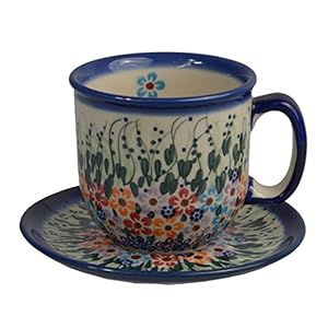 Traditional Polish Pottery, Handcrafted Ceramic Coffee Cup and Saucer 275ml, Boleslawiec Style Pattern, F.201.Daisy