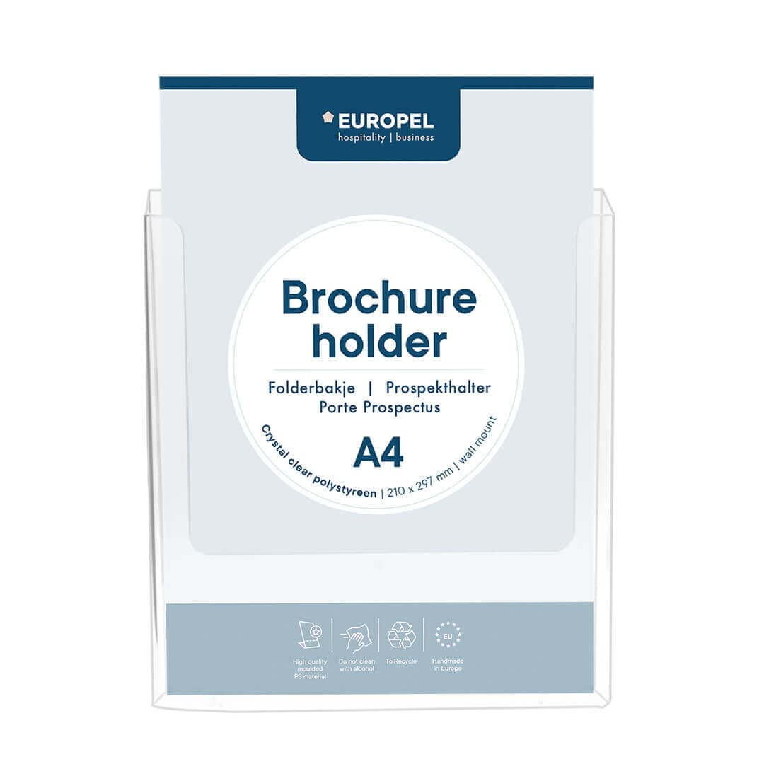 Europel Wall Mounted Brochure Holder, for A4 Size, Crystal Clear Acrylic Literature Stand & Dispenser, Booklet, Flyer & Menu Display & Dispenser for Office, Restaurants & Reception, Portrait
