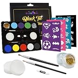 Create-A-Face Face Painting Set + Stencils (Black Tie Edition, 47-Piece) Brushes, Glitter & Applicators Included - 100% Safe, Water Activated - Perfect For Parties