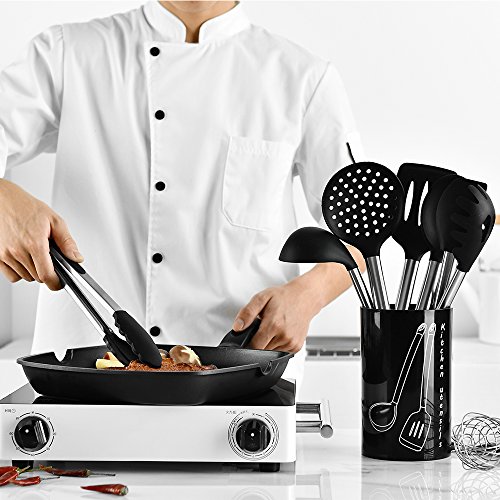 9 Silicone Cooking Utensils+ Holder- Tatufy Stainless Steel & Silicone Kitchen Utensils Set, Nonstick Non-Scratch Kitchen Tools- Tongs, 2 Spoon, Spatula Tools, Turner Slotted, Ladle, Strainer, Whisk - Thumbnail 3