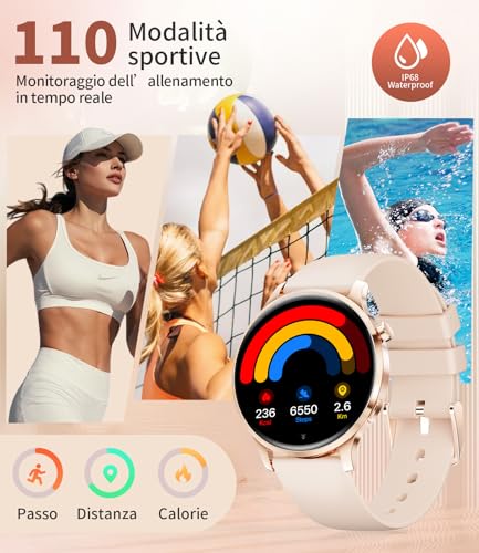 FV23-G Women's Smartwatch, AMOLED Display 1.32 Inches Ultra-Thin Bluetooth Calls, IP68 Waterproof, 116 Sport Modes, Monitoring of Cycle/Heart Rate and Sleep, 2 Straps and 2 Cables Included
