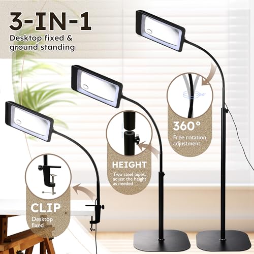 Overcomo 3-in-1 Floor Magnifying Glass with Light and Stand,60 LED Large 7 Inch Magnifier with 5 Colour Modes & 4 Brightness,Dual Lens Design,Adjustable Floor Stand & Clamp for Reading,Crafts, Sewing