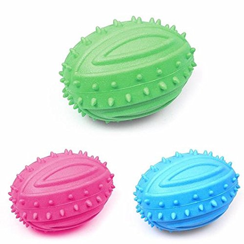 earlandscott Pack of 3 GRUBBER RUGBY BALL MINI TOUGH RUBBER TOY FOR DOGS PET squeaky sound random colour pink blue green UK