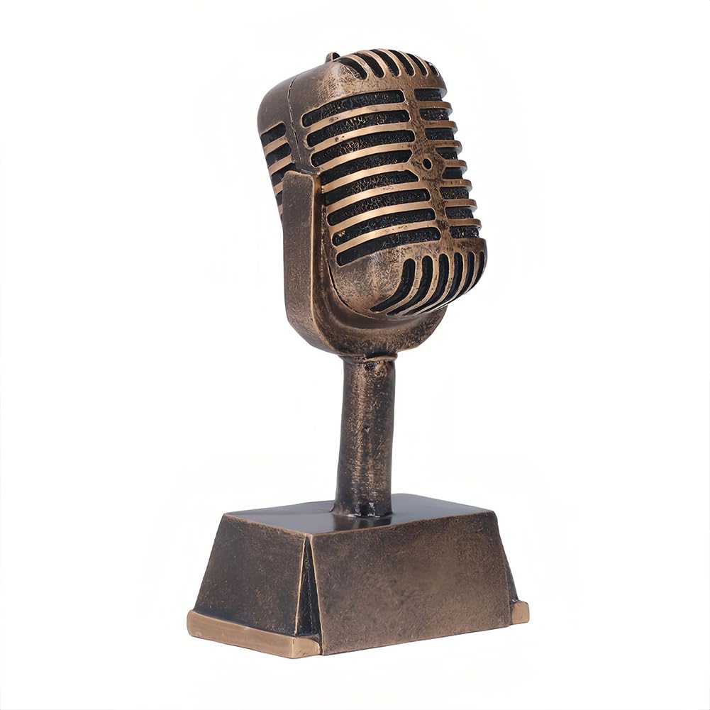 Joyzan Microphone Trophy, Gold Microphones Karaoke Trophies Music Ornament Fake Vintage Prop Model Mic Speech Contest Trophy with Stand Tabletop Decoration for Singing Competitions Speaking Party