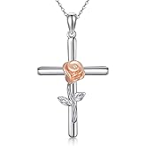 SISGEM 10K Real Gold Cross Pendant Necklace for Women,White/Rose Gold Rose Flower Cross Necklaces Anniversary Birthday Gifts for Mom Wife 16"-18''