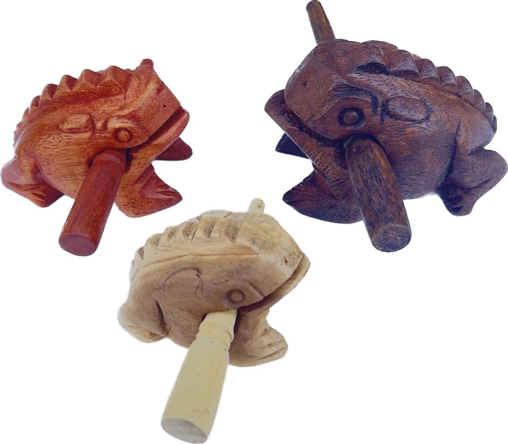 Photo 1 of Guiros Percussion Instruments Wooden Frog Musical Instrument Set of 3 Frogs: 4 Inch, 3 Inch, and 2.25-2.75 Inch (Dark Brown/Brown/Natural Colors)