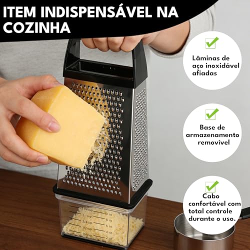 LUMAI Ralador e Fatiador de Aço Inox Premium com Cesto Coletor com Medidas de Cozinha, Inclui Protetor de Dedos, Cabo para Longa Durabilidade, Utensílio de Cozinha para Queijos, Cenouras, Legumes
