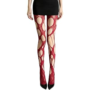 XnxnzhHo Halloween Ripped Fishnet Tights Gothic Red Fishnet Stocking for Women, Hollow Out Mesh Tights Lace Pantyhose, for Pa
