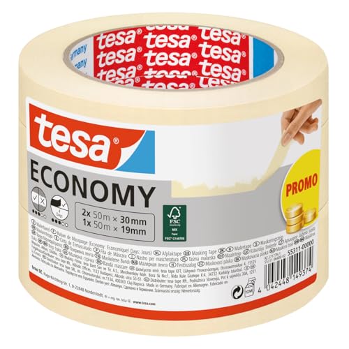 tesa Masking Tape Economy - 3 Rolls - 50 m - 2 x 30 mm + 1 x 19 mm