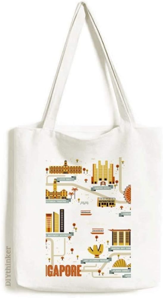 Vintage Singapore Landmark Tote Canvas Bag Shopping Satchel