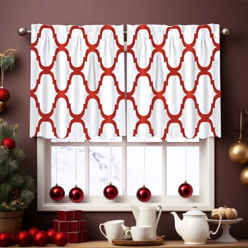 Melodieux Moroccan Fashion Tier Curtains for Kitchen, Geometric Lattice Rod Pocket Curtains for Cafe Bathroom Small Windows, 24 Inch Length, Off White/Red