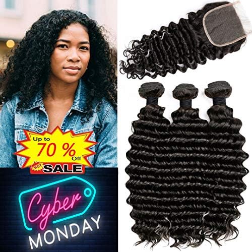 Deep Wave Human Hair Bundles With Closure Deep Curly 12A Brazilian 100% Unprocessed Virgin Hair Weave 3 Bundles With 4x4 Lace Closure Pre Plucked Natural Black 85g/Bundle (8 10 12 with 8)