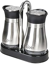 Salt and Pepper Shakers Set - High Grade Stainless Steel with Glass Bottom and 4' Stand - 4