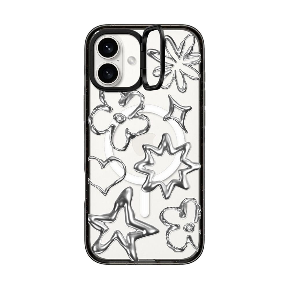 CASETiFY Impact Ring Stand iPhone 16 Plus Case [Kickstand / 6.6ft. 3X Military Grade Drop Protection/Compatible with Magsafe] - Chrome Doodles - Clear Black — image 1