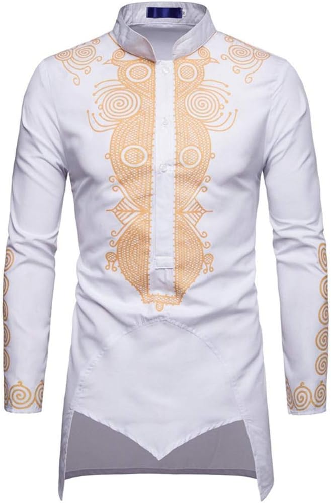 Luxfan Mens Dashiki African Tribal Clothing Printed Long Henley Shirt Traditional Ethnic Slim Fit Outfit Plus Size