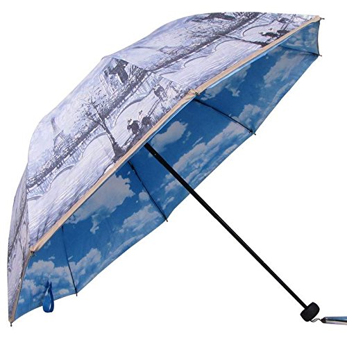 Romantic Oil Painting Folding Travel Sun Umbrella UV Protection UPF 50+ Rain Resistant Compact Size Parasol Double Layer Blue Sky White Clouds (Eiffel Tower)