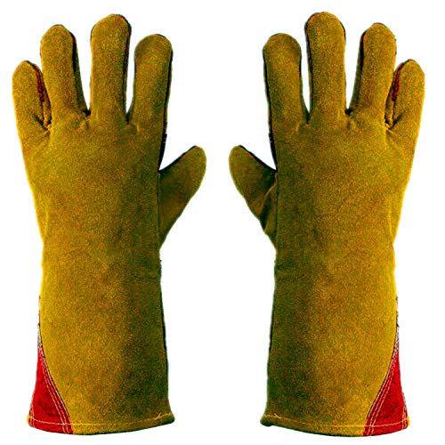 Work Gloves Leather Gardening Glove (1 Pair) 14 inch for Men Women Cowhide Reinforced Protection Padding Palm Animal Handling Bite Proof Dog Cat Scratch（Brown）