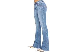 hipattires Pants for Women Womens Elastic Mid Waist Wide Leg Denim Pants Casual Stretch Embroidery Flare Jeans with Pocket