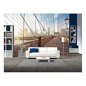 Woman Taking a Photo from Brooklyn Bridge. New York City Manhattan Downtown Skyline - Removable Wall Mural | Self-Adhesive Large Wallpaper - 66x96 inches