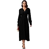 Chic Maxi Dresses for Women Pleated Silky Black Dress Modest Long Sleeve Sexy V-Neck Party Wedding Guest