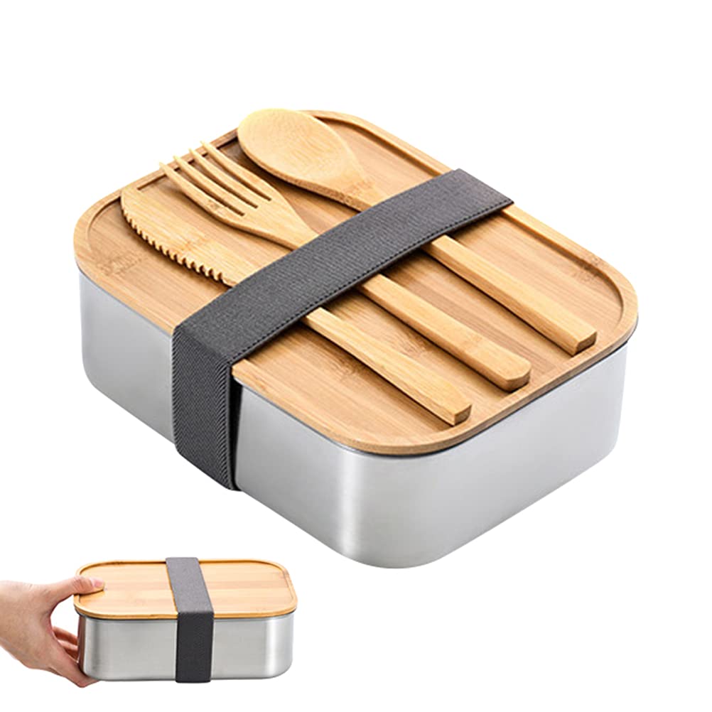 Stainless Steel Bento Lunch Box with Wood Lid and 3Pcs Cutlery Set for Adults and Kids