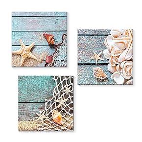 3 Piece Canvas Wall Art for Living Room Bedroom Home Artwork Starfish Shell Fishing Net Sands Beach Paintings Ready to Hang - 12"x12"x3 Panels