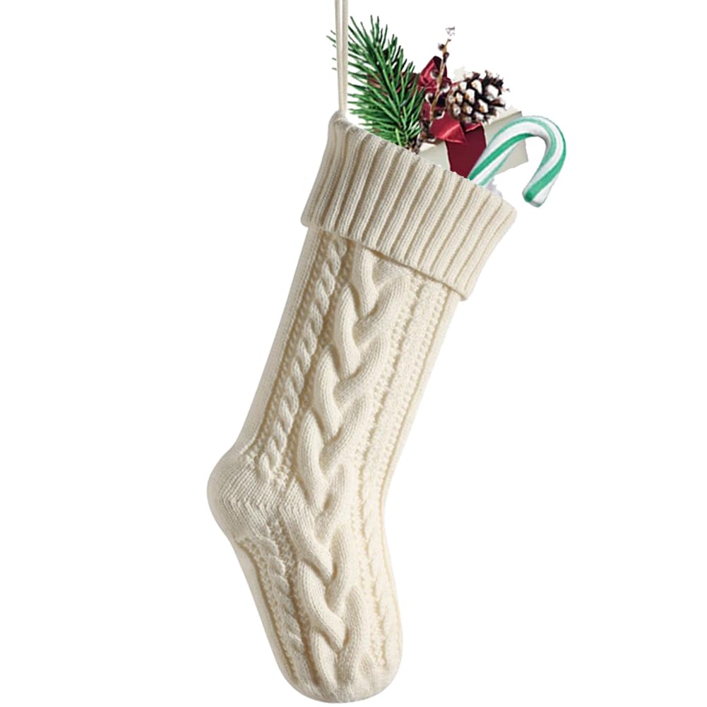 Nanou Knit Christmas Stockings Personalised, Christmas Hanging Bags for Tree Decoration Christmas, Stockings Gift Bag for Family Holiday Party (Length 18",Pack 1, Ivory)