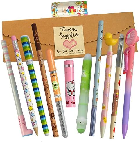 Assorted Set of Kawaii Style Wooden Pencils, Mechanical Pencils, Black Ink Pens, Gel Pens, Highlighers and Erasers with One Lead Refill Case