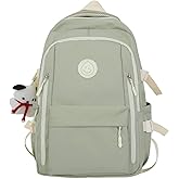 Preppy Backpack with Cute Pendant Women Smile Face Laptop Backpack Kawaii Lightweight Aesthetic College Backpack (Sage Green,One Size)