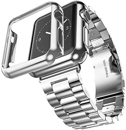 Apple Watch Band with Plated Protect Case, NUJIA Solid Stainless Steel Watch Strap, Metal Replacement Wrist Band with Classic Buckle fits Apple Watch, Sport &amp; Edition (Silver 3-Chain 38mm)