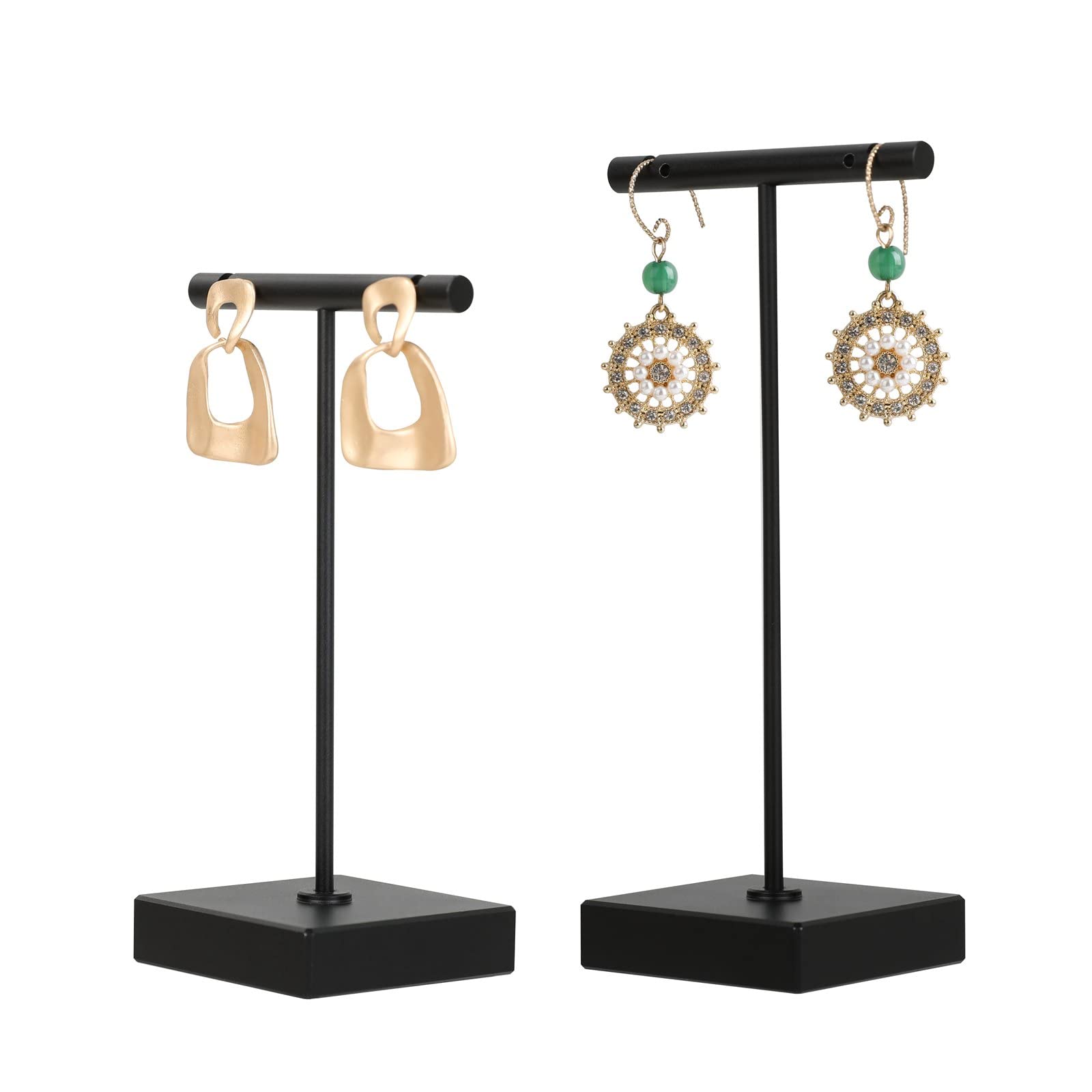 GemeShou 2pcs metal earring holder, Black T bar earring display stand, mini hangers for earrings Jewelry Photography, earring storage organizer【Black-Square Base 2pcs】
