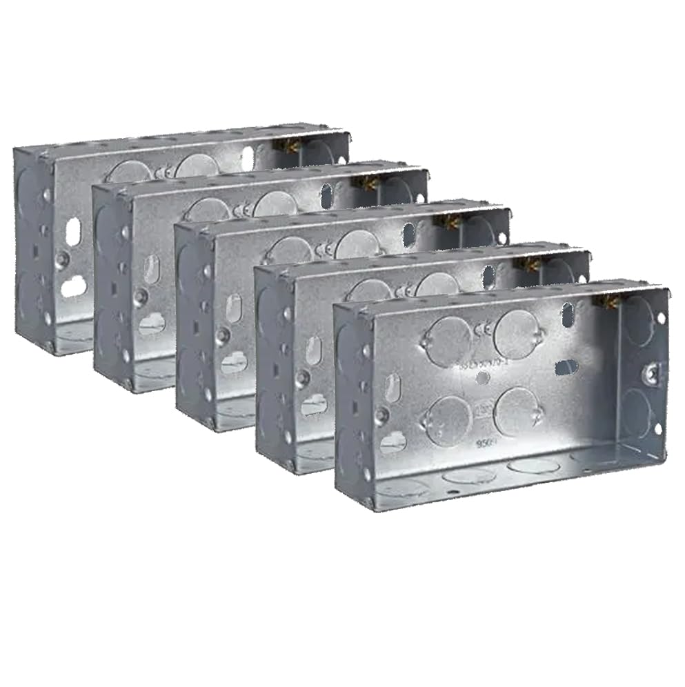 rhinocables - Metal 2 Gang Double Socket Back Box | Durable Galvanized Steel | BS4662 Compliant | Easy Installation with Pre-Punched Knockouts, 5 Pack, 35mm