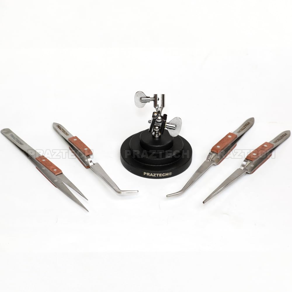 PRAZTECH® Heat Insulated Set of 4 Soldering Tweezer with 3rd Hand Base Vice | Angled and Straight | Self Locking | Watch | Jewelers | Hand Free Cross Lock Set