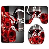huachuangxinlHUQ Red Rose Flowers Wine Glass and Candle for Valentines Couple Decorative Soft Comfort mat Anti-Skid Absorbent Toilet Seat Cover Bath Mat Lid Cover 3pcs/Set Rugs